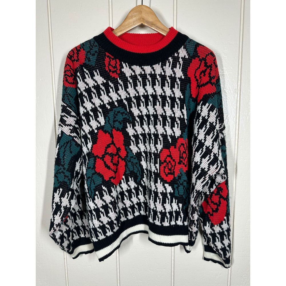 Forelli Sweater Mens 26/28 Black Red Houndstooth Floral Rose Knit Pullover 7832
